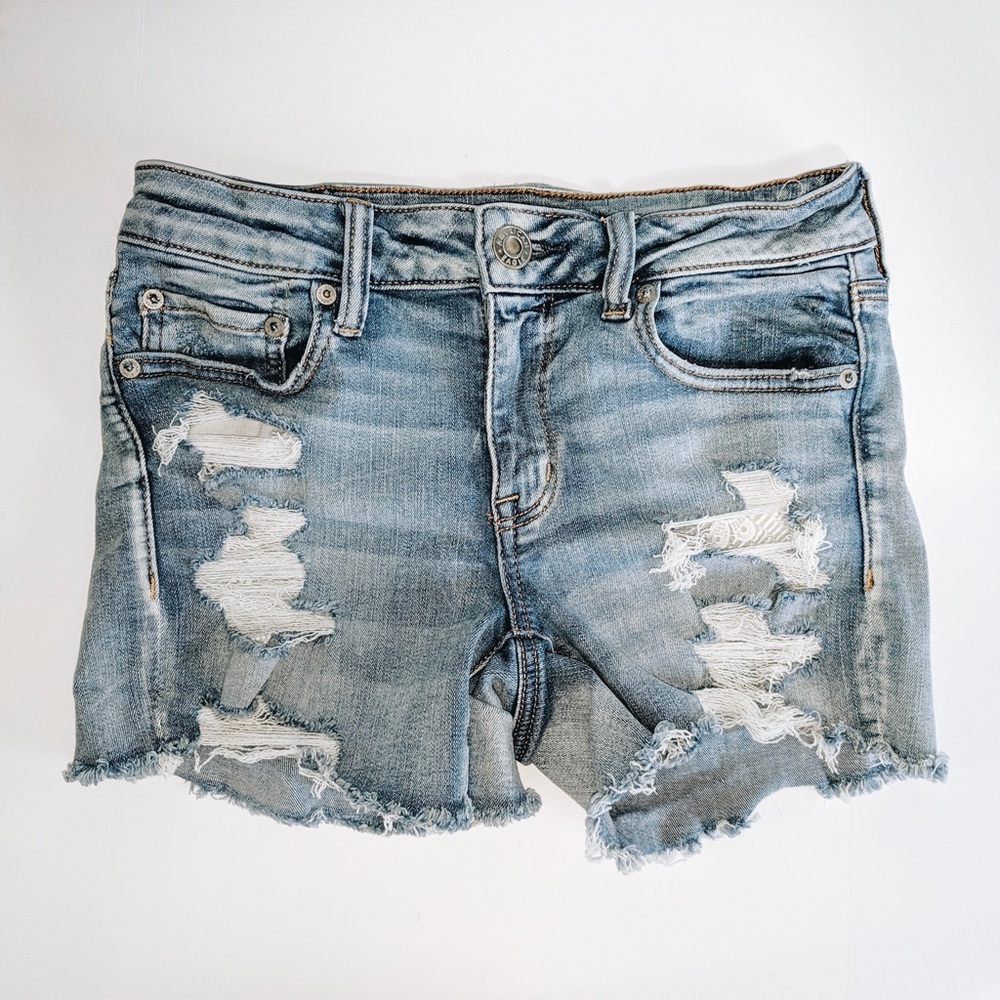 AE Midi Ripped Denim Shorts w/ Lace Pockets